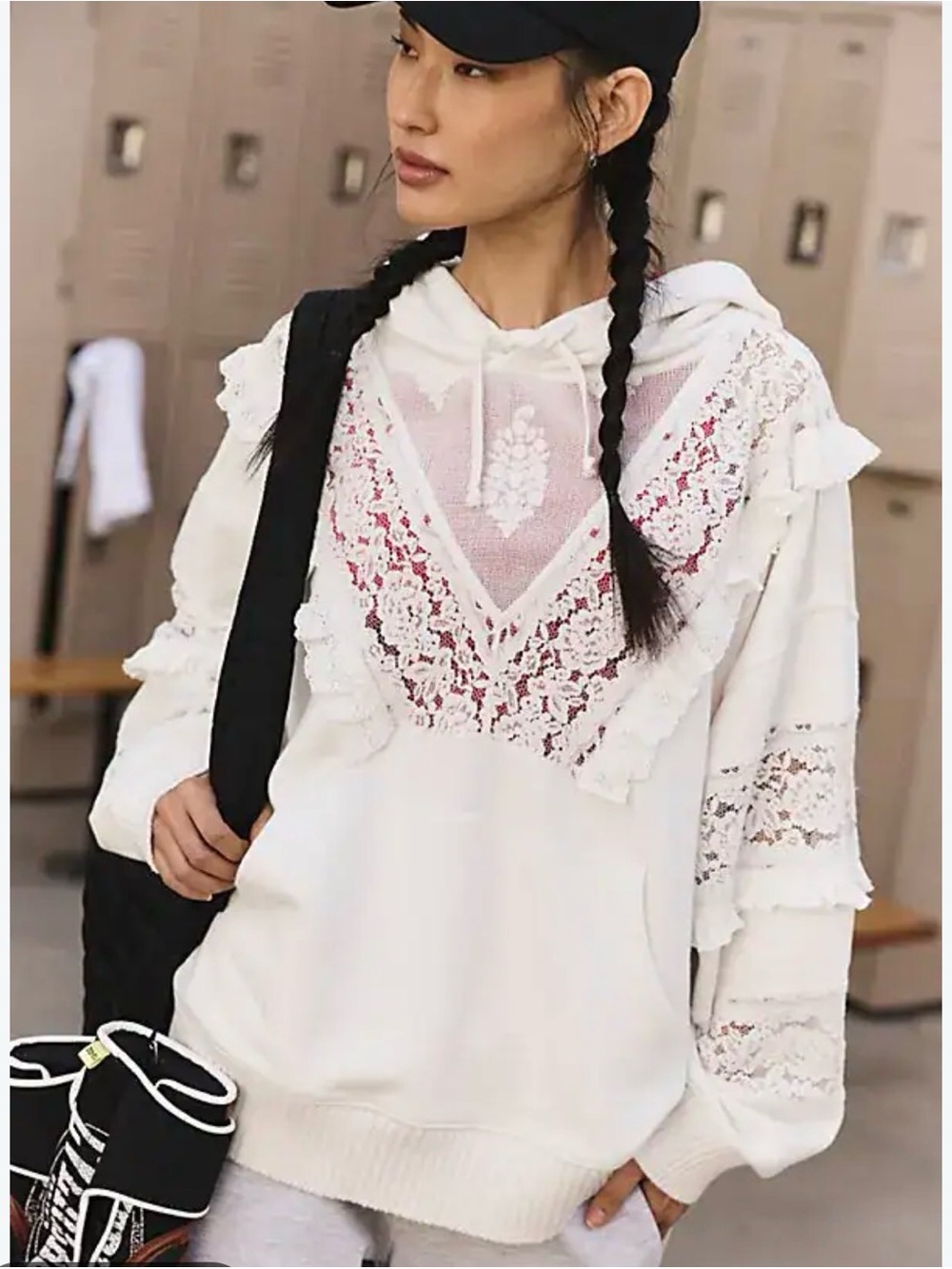 FP Movement Studio Tunic Lace Trim Hoodie in Ivory